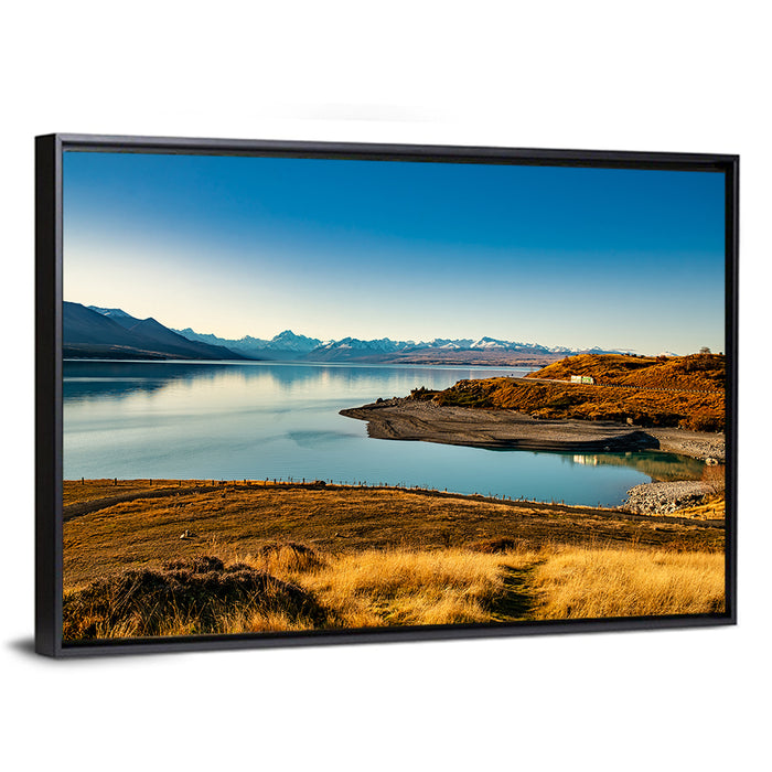 Lake Pukaki Golden Hour with Mount Cook Wall Art as a framed canvas