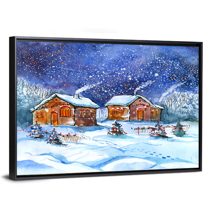 Starry Winter Village Wall Art as a framed canvas