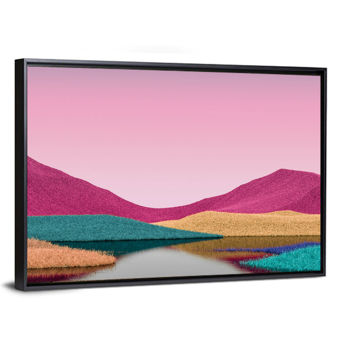 Surreal Magenta Mountain Lake Wall Art as a framed canvas