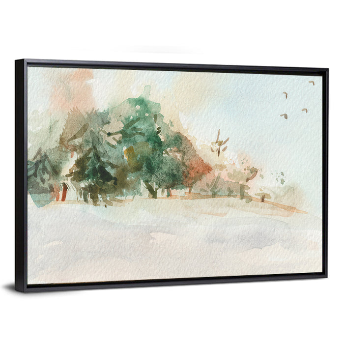 Winter Forest Watercolor Landscape Wall Art as a framed canvas