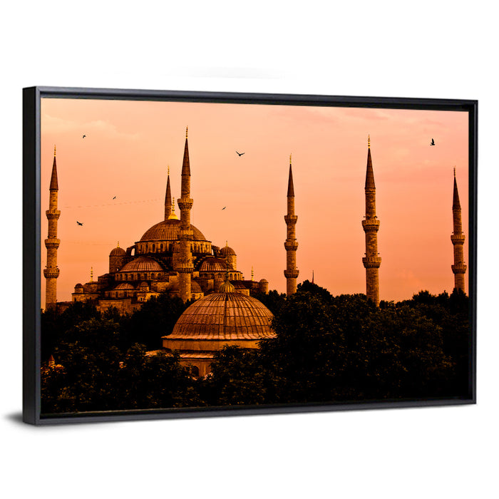 Sultan Ahmed Mosque at Sunset Wall Art as a framed canvas