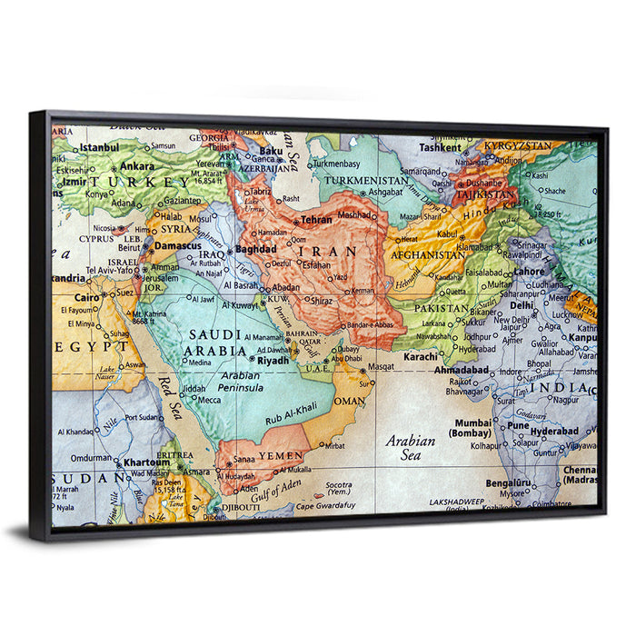 Middle East Political Map Wall Art as a framed canvas
