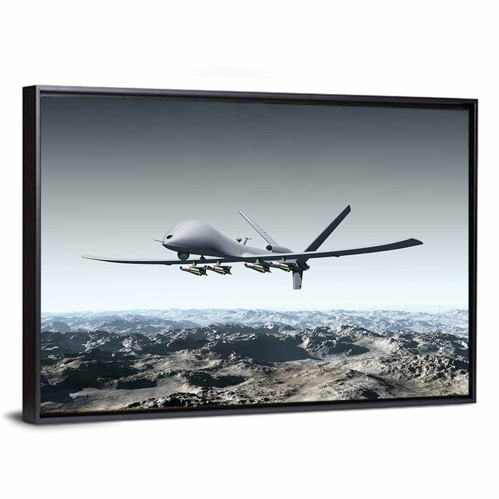 Armed Combat Drone Over Mountains Wall Art as a framed canvas