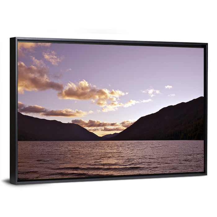 Purple Sunset Over Lake Crescent Wall Art as a framed canvas