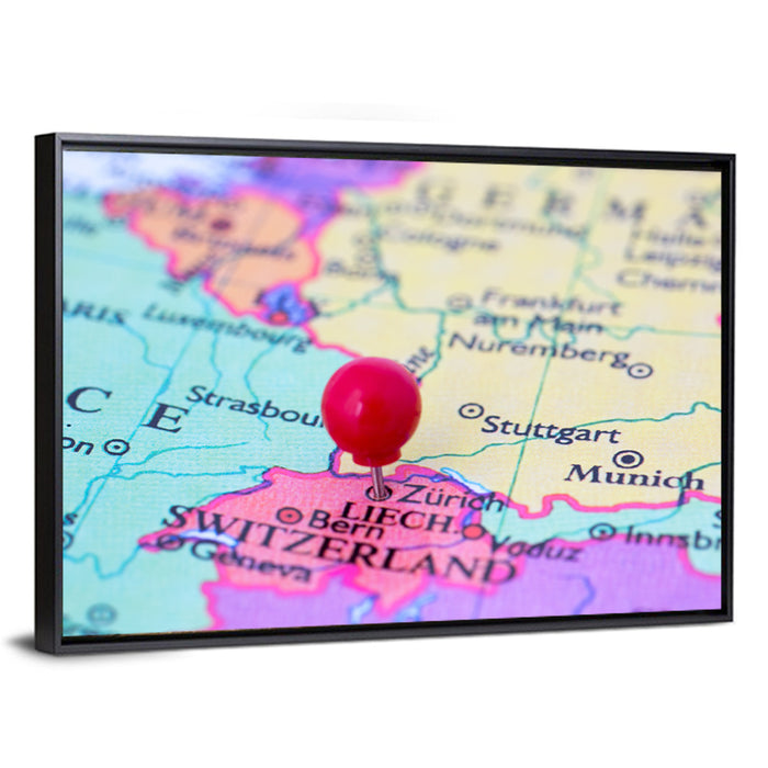Zurich Map with Red Pin Wall Art as a framed canvas