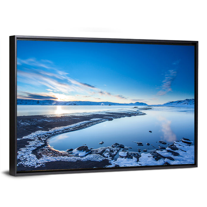 Lake Kleifarvatn Icy Shoreline Wall Art as a framed canvas