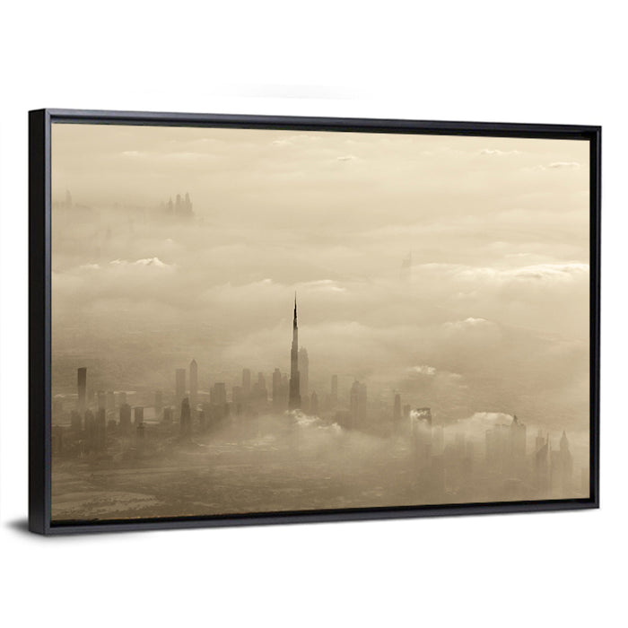 Dubai Haze Over Burj Khalifa Wall Art as a framed canvas