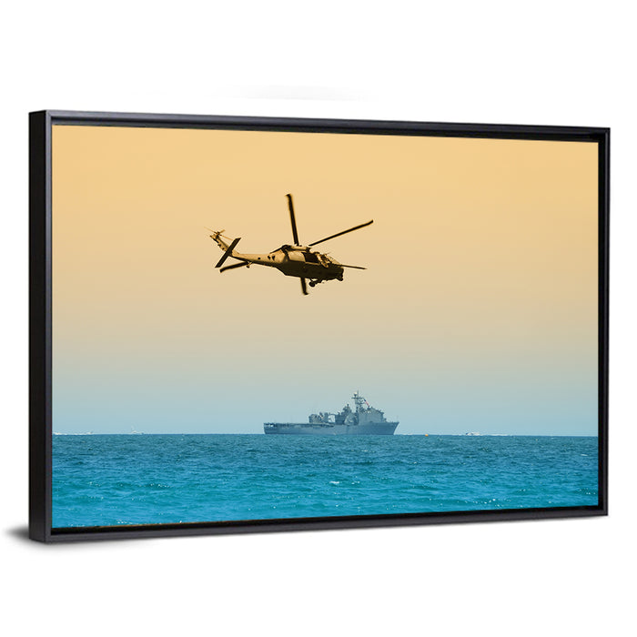 Helicopter Over Warship at Sea Wall Art as a framed canvas