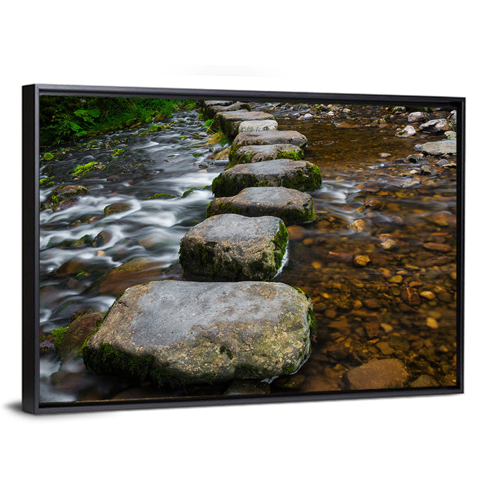 Mossy Stepping Stones Over Stream Wall Art as a framed canvas