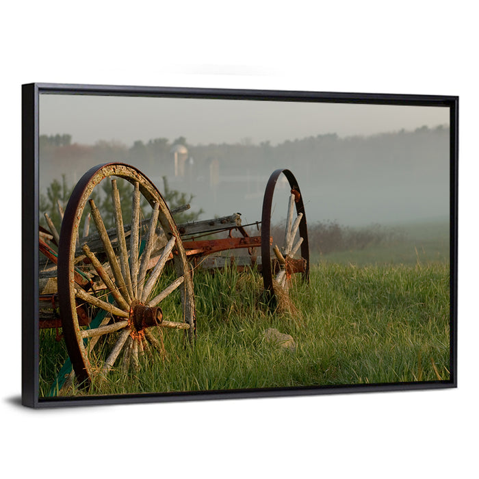 Weathered Wagon in Morning Mist Wall Art as a framed canvas