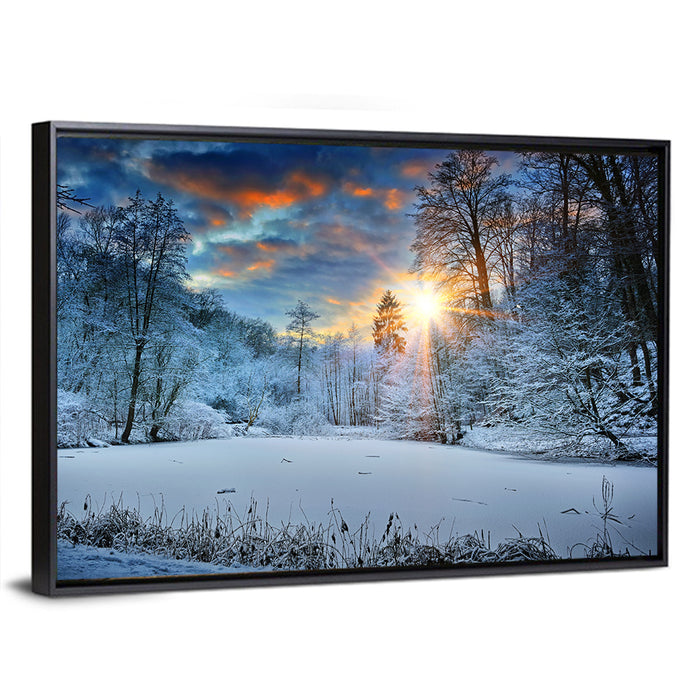 Frozen Forest Lake Wall Art as a framed canvas