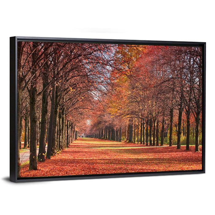 Tree-lined Autumn Lane Wall Art as a framed canvas