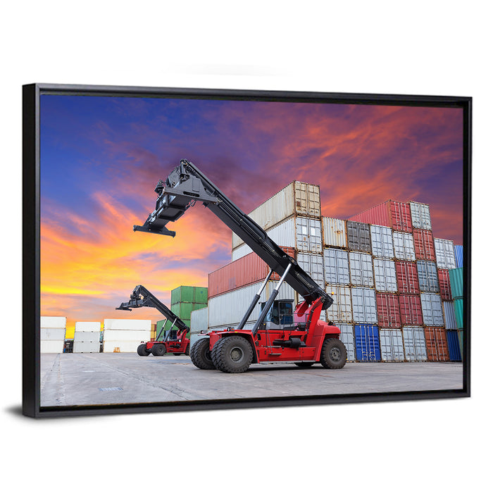Red Reach Stackers at Sunset Wall Art as a framed canvas