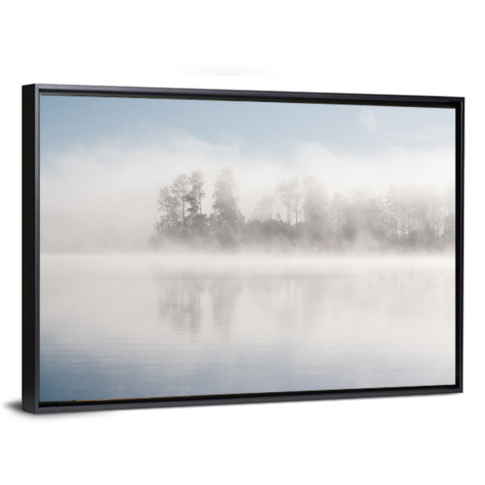 Misty Forest Lake Wall Art as a framed canvas