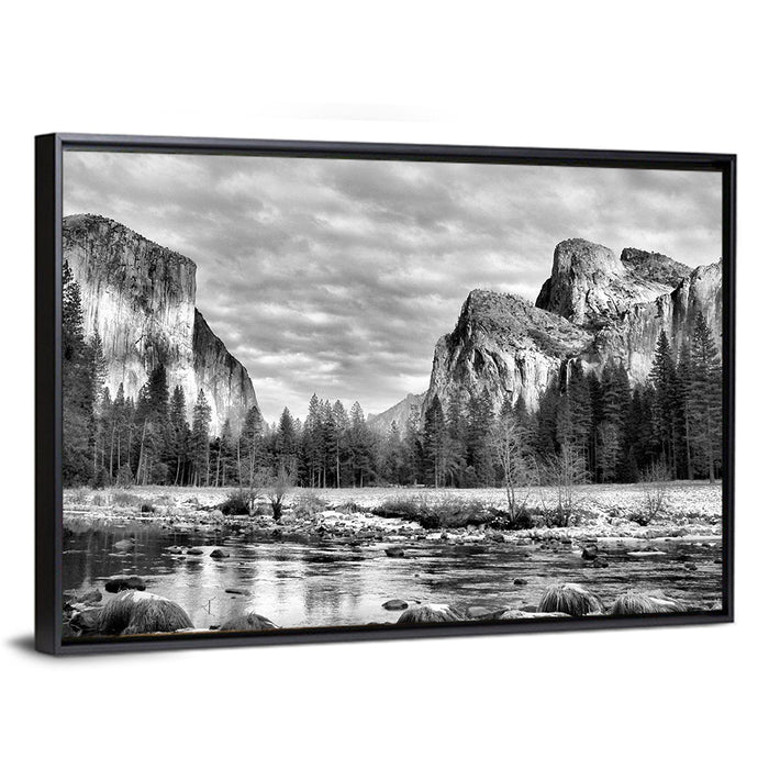 Yosemite Valley Winter View Wall Art as a framed canvas
