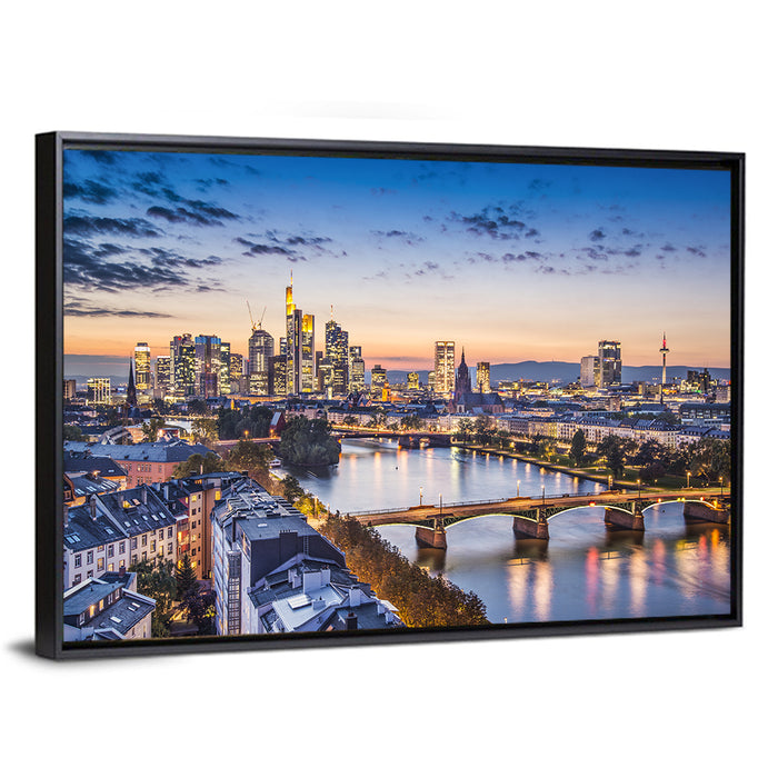 Frankfurt Twilight Skyline Wall Art as a framed canvas
