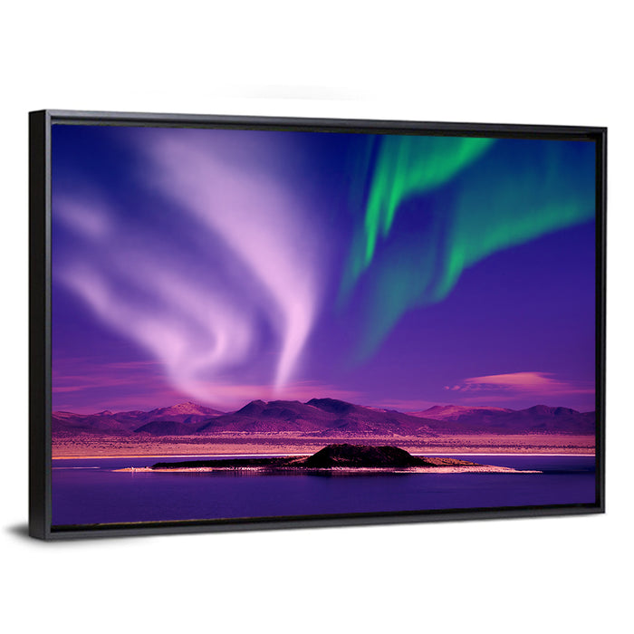 Violet Aurora Over Island Lake Wall Art as a framed canvas