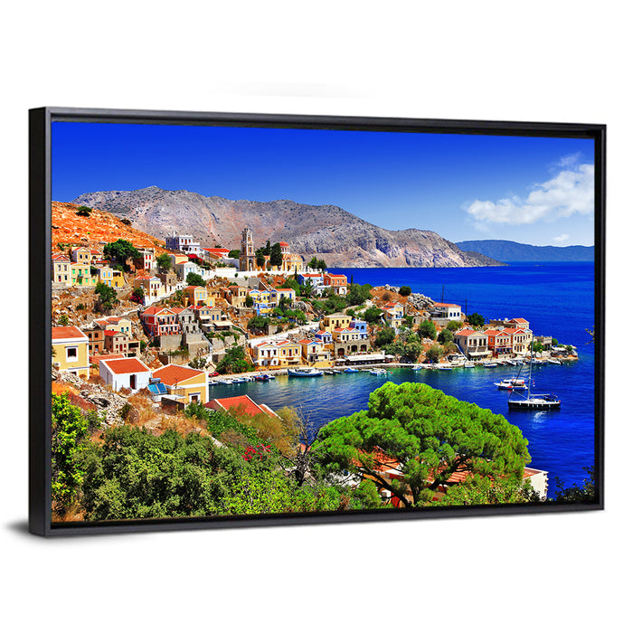 Symi Harbor, Greece Wall Art as a framed canvas