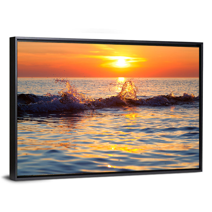 Lake Michigan Sunset Waves Wall Art as a framed canvas