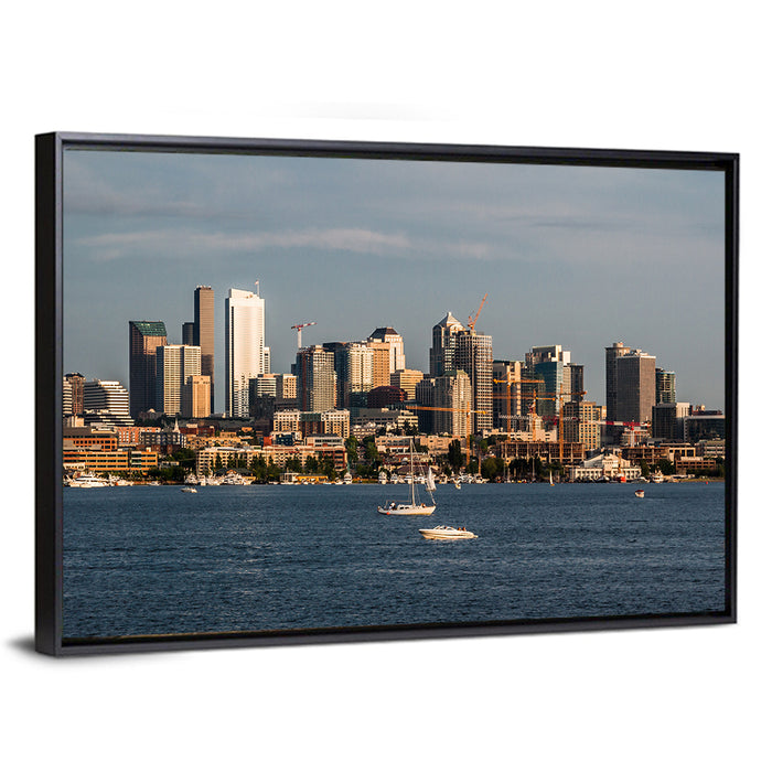 Seattle Skyline at Golden Hour Wall Art as a framed canvas