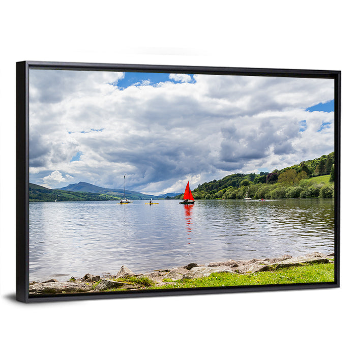 Bala Lake Sailboat Reflection Wall Art as a framed canvas