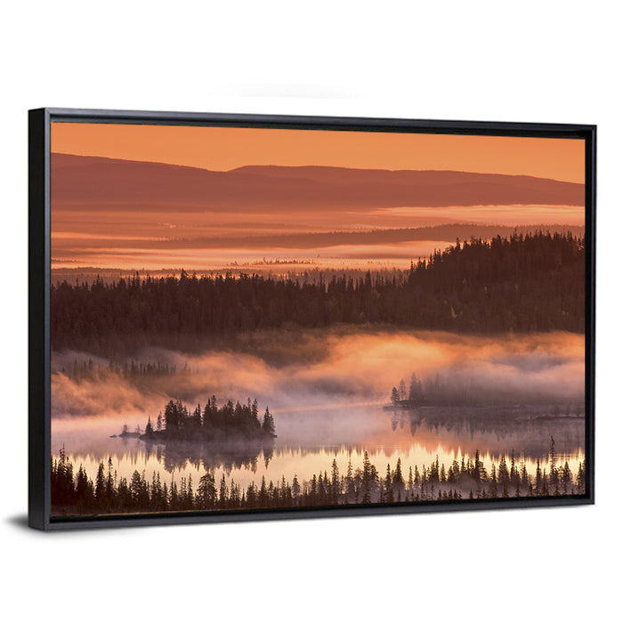 Lapland Sunrise Over Misty Lake Wall Art as a framed canvas