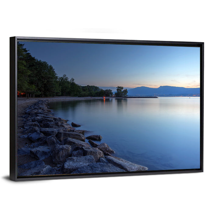 Lake Neuchatel Twilight Wall Art as a framed canvas