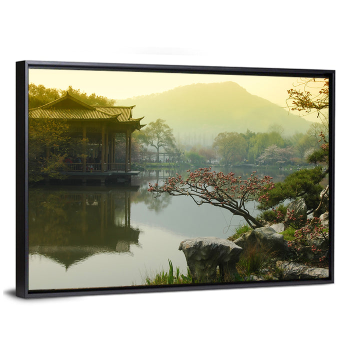 West Lake Morning Pavilion Wall Art as a framed canvas