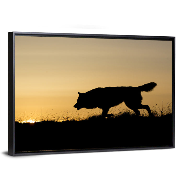 Wolf at Golden Horizon Wall Art as a framed canvas