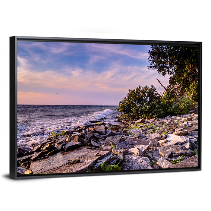 Lake Michigan Rocky Shoreline at Dusk Wall Art as a framed canvas
