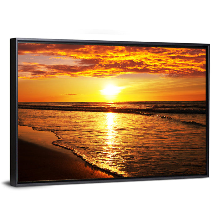 Golden Thai Beach Sunset Wall Art as a framed canvas