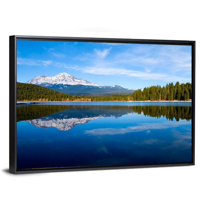 Northern California Snow Capped Lake Wall Art as a framed canvas