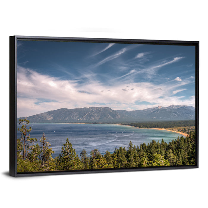Pines Above a Blue Lake Wall Art as a framed canvas