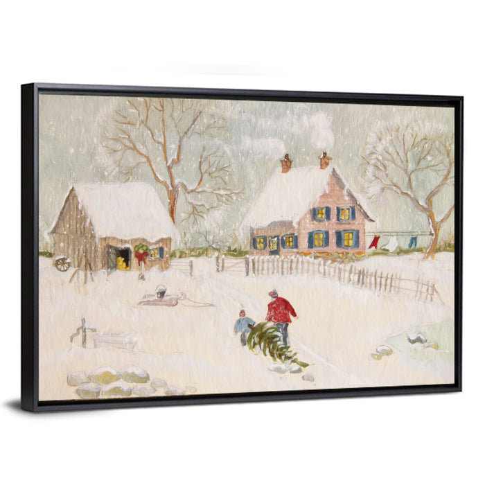 Snowy Farmhouse Illustration Wall Art as a framed canvas