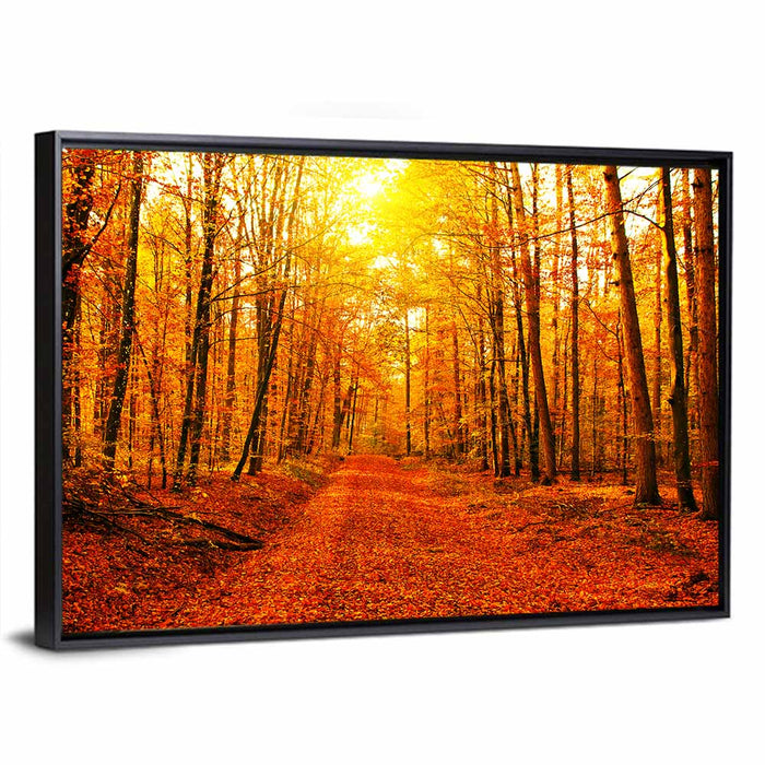 Golden Autumn Forest Path Wall Art as a framed canvas