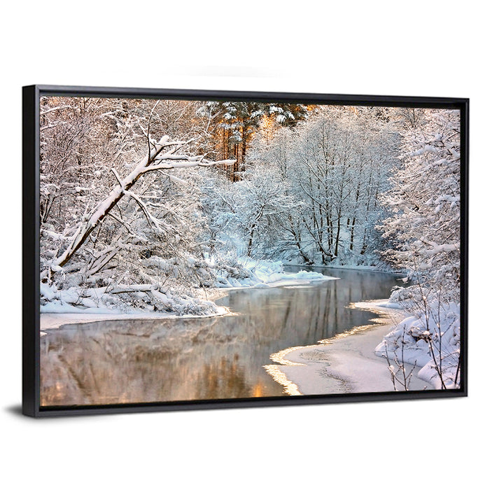 Snow-covered Stream at Golden Hour Wall Art as a framed canvas