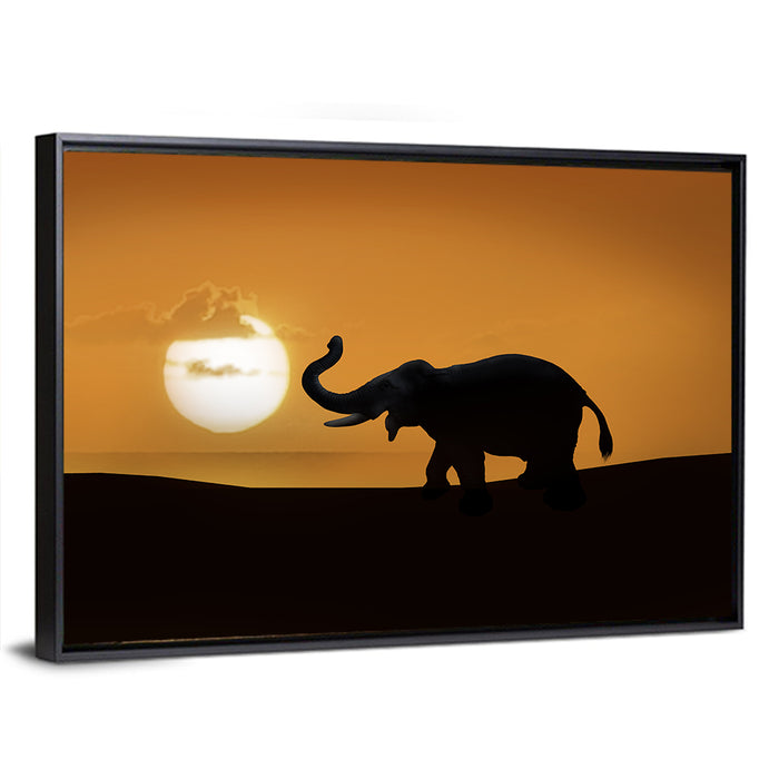 Elephant at Sunset Wall Art as a framed canvas