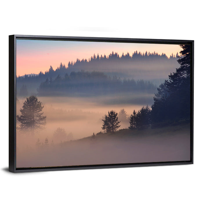 Misty Sunrise Forest Wall Art as a framed canvas