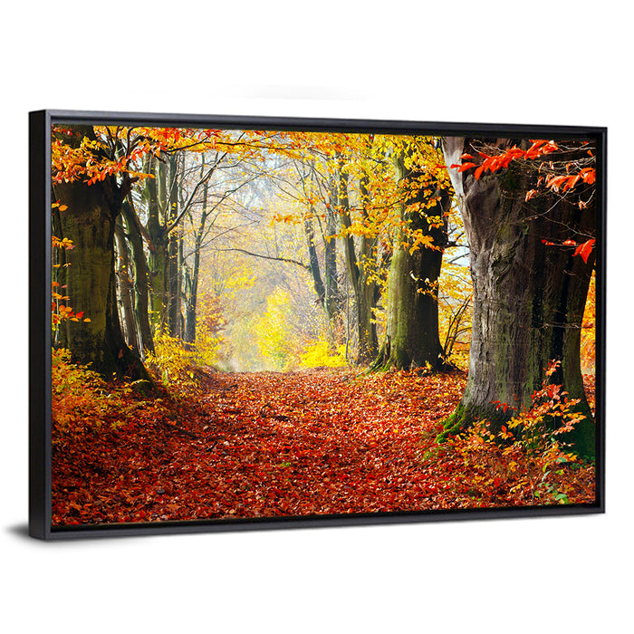 Misty Autumn Forest Path Wall Art as a framed canvas