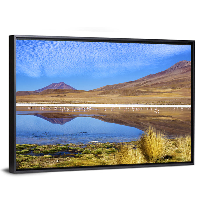 Red Lagoon Flamingo Reflection Wall Art as a framed canvas
