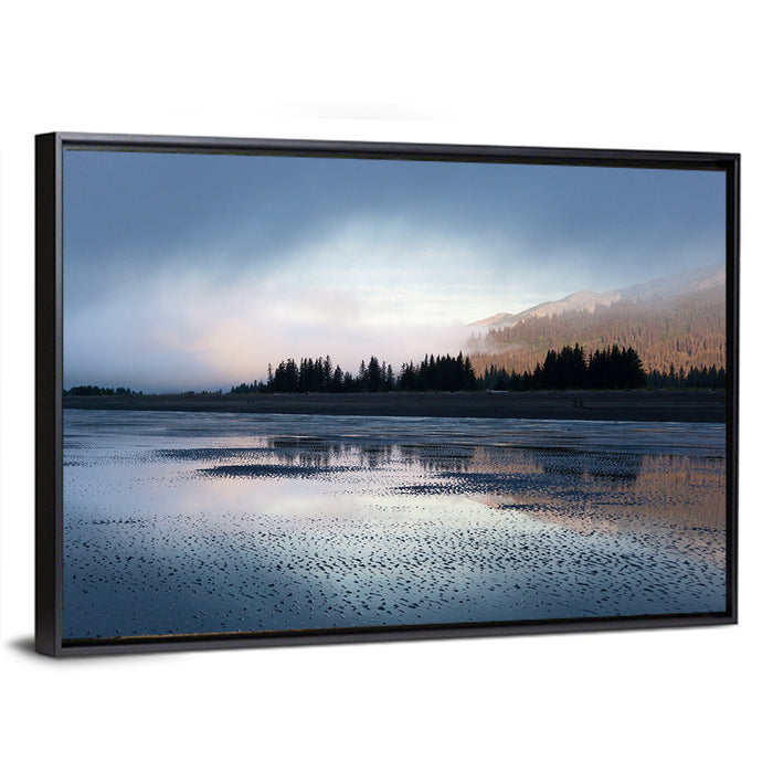 Lake Clark Foggy Shoreline Wall Art as a framed canvas