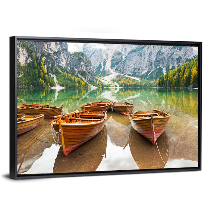 Rowboats on Lake Braies Wall Art as a framed canvas