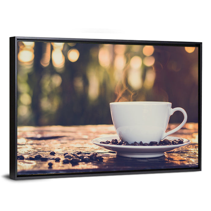 Steaming White Coffee Cup Wall Art as a framed canvas