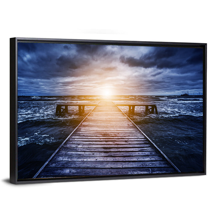Sunlit Wooden Jetty at Dusk Wall Art as a framed canvas
