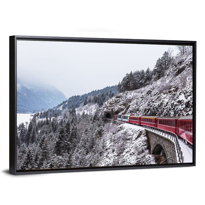 Red Train at Landwasser Viaduct Wall Art as a framed canvas
