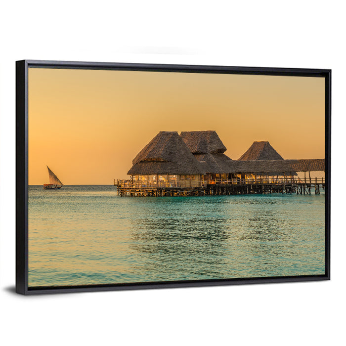 The Rock Restaurant Sunset Wall Art as a framed canvas