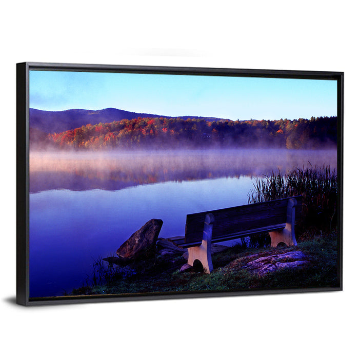 Bench at Misty Lake Sunrise Wall Art as a framed canvas