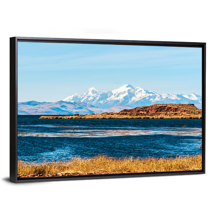 Lake Titicaca Blue and Gold Wall Art as a framed canvas
