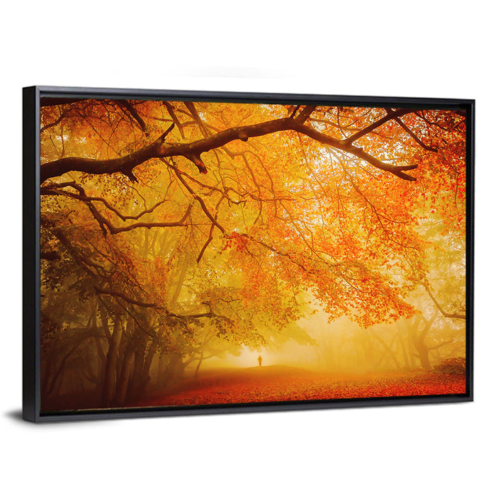 Autumn Forest Path with Lone Figure Wall Art as a framed canvas