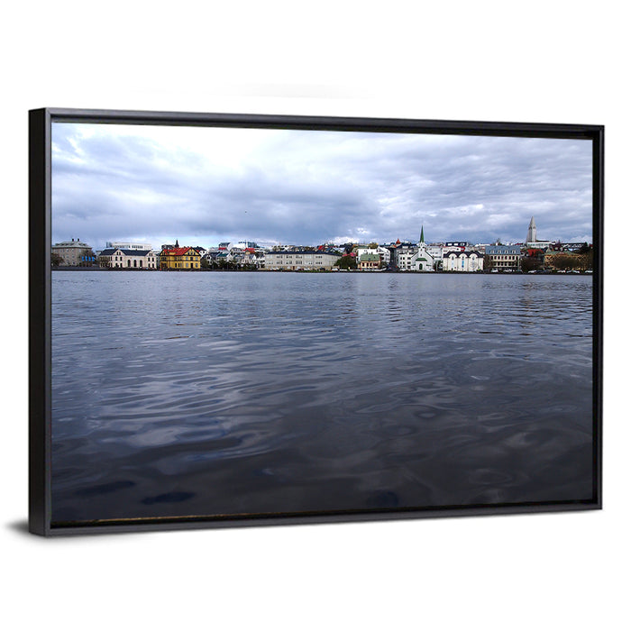 Tjörnin Reykjavik Skyline Wall Art as a framed canvas
